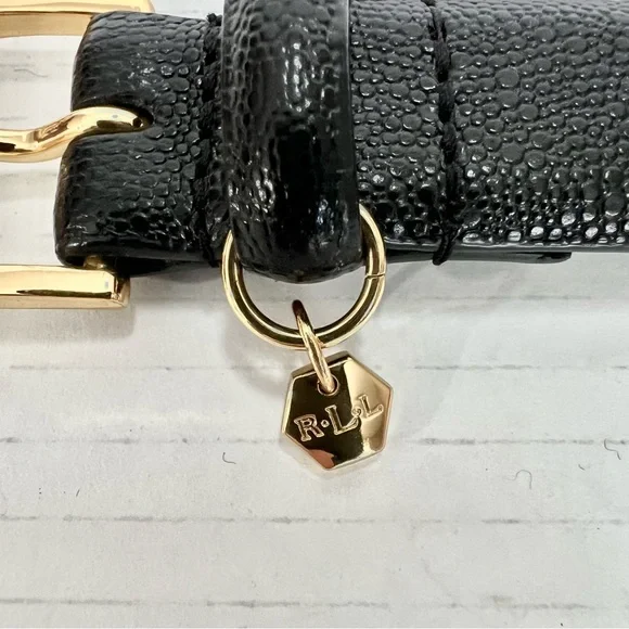 Ralph Lauren Classic Chic Black Leather Textured Belt Women’s M Gold Logo Charm - Picture 3 of 10